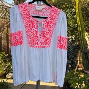 Maeve White Blouse with Vibrant Orange Embroidery